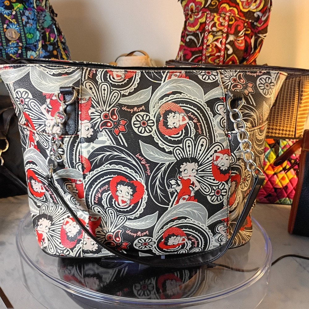 Betty Boop Paisley Print Shlder Bag Black Red Silver Chain Accents*Fundraiser